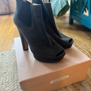 Prada Suede Stretch Platform Peep-Toe Charcoal Grey Ankle Booties — Size 39